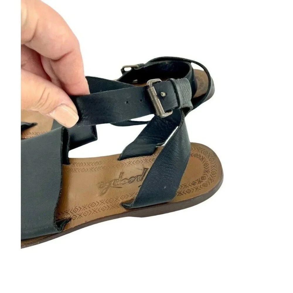 Free People Torrence Black Leather Flat Sandals Leather Straps Sz 40